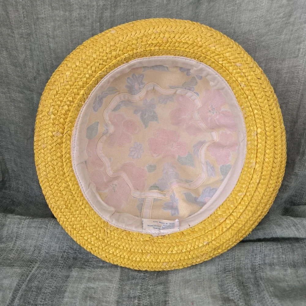 Women's Hat Yellow Rolled Straw Brim w/ Floral 100% Cotton Fabric Crown Size S/M